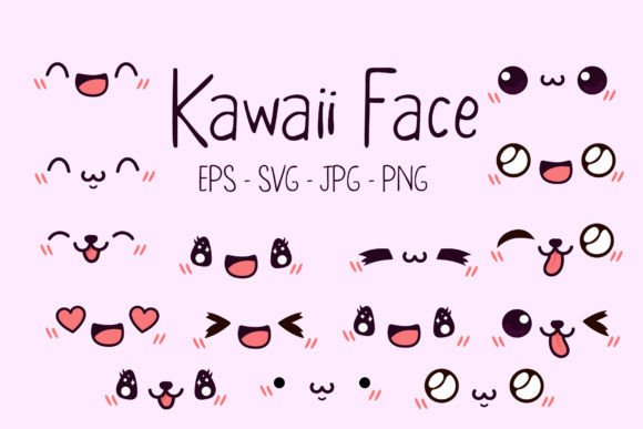 Cartoon Kawaii Face Set: Illustrations & Graphics