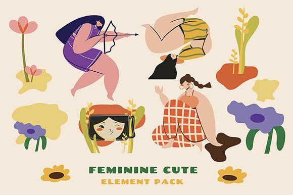 Feminine Cute Illustrations Pack for Graphics & Illustrations
